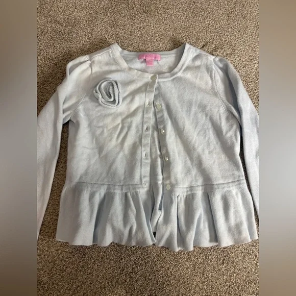 Lilly Pulitzer Little Girl’s Pale Blue Peplum Button Up Cardigan Cotton Flower L - Picture 2 of 6